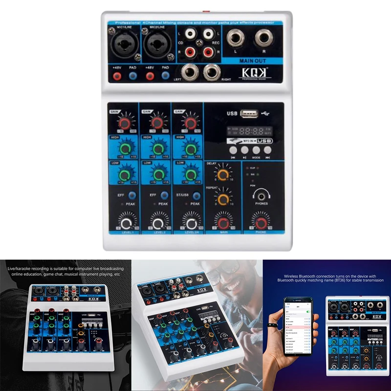 

Sound Card Audio Mixer Sound Board Console Desk System Interface 4 Channel USB Bluetooth 48V Power Stereo