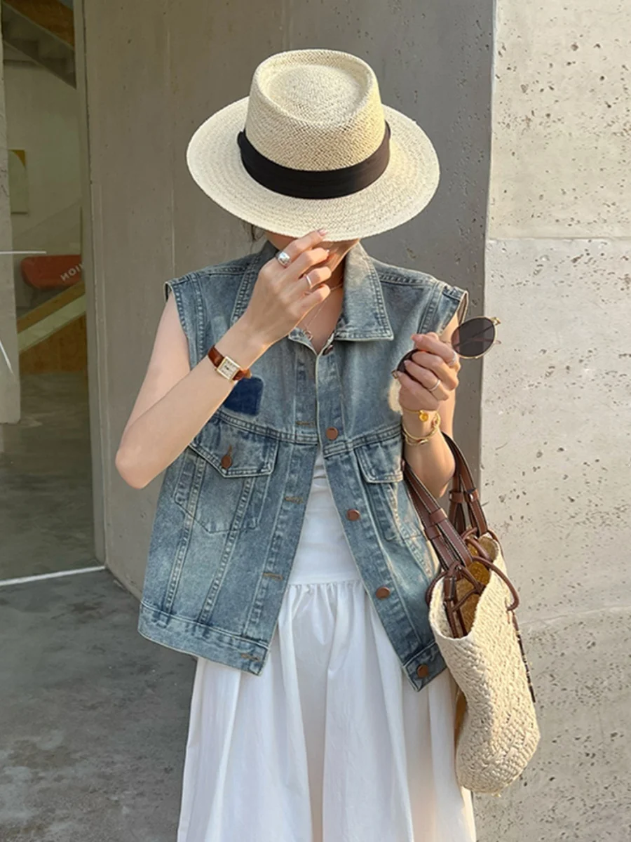 Корейский джинсовый жилет с плечами в стиле ретро женский дизайн весна и осень