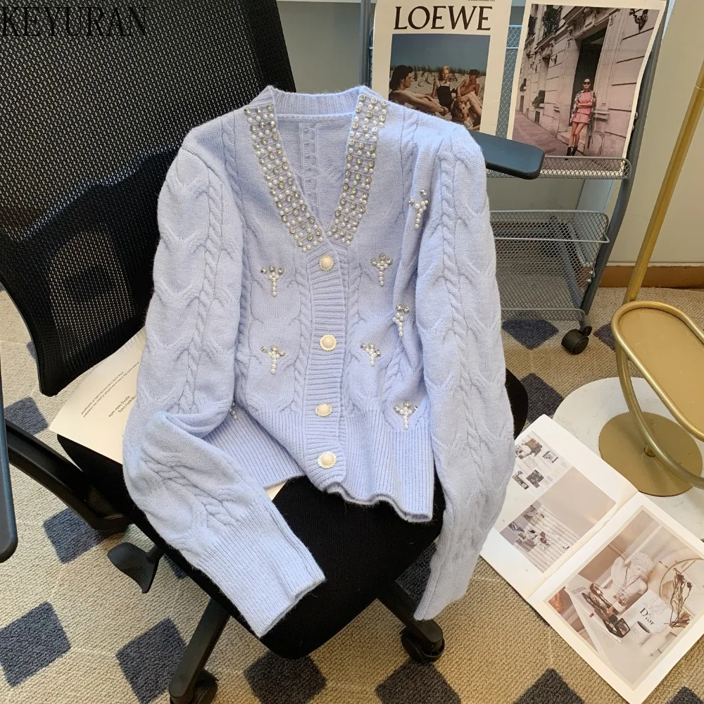 

Pearl Beaded Diamonds Knitted Cardigan Women 2023 Autumn Vintage V-neck Long Sleeve Single Breasted Sweater Knitwear Tops Jumper