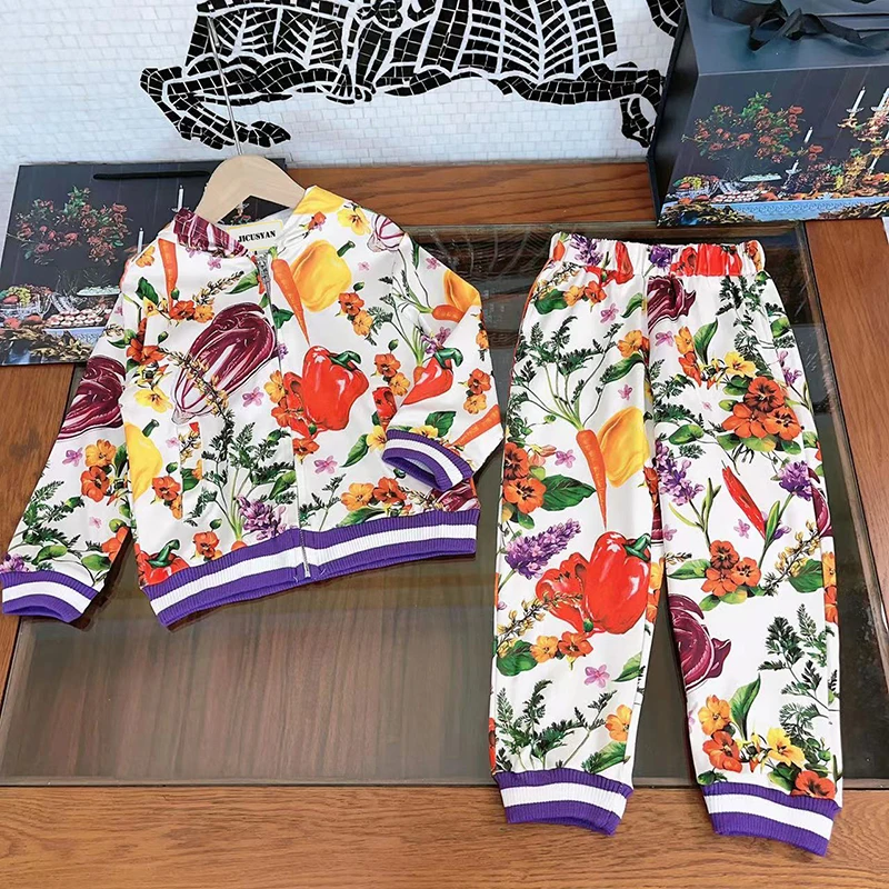 

JICUSYAN Early Autumn High Street New Girls' Two Piece Sweater Coat+Pants Sicily Vintage Flower Print Vagetables