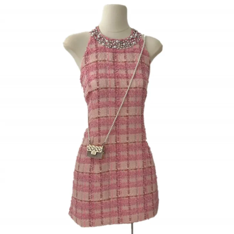 

Женское твидовое мини-платье с открытой спиной, подиумное роскошное платье во французском стиле с бисером, клетчатое платье