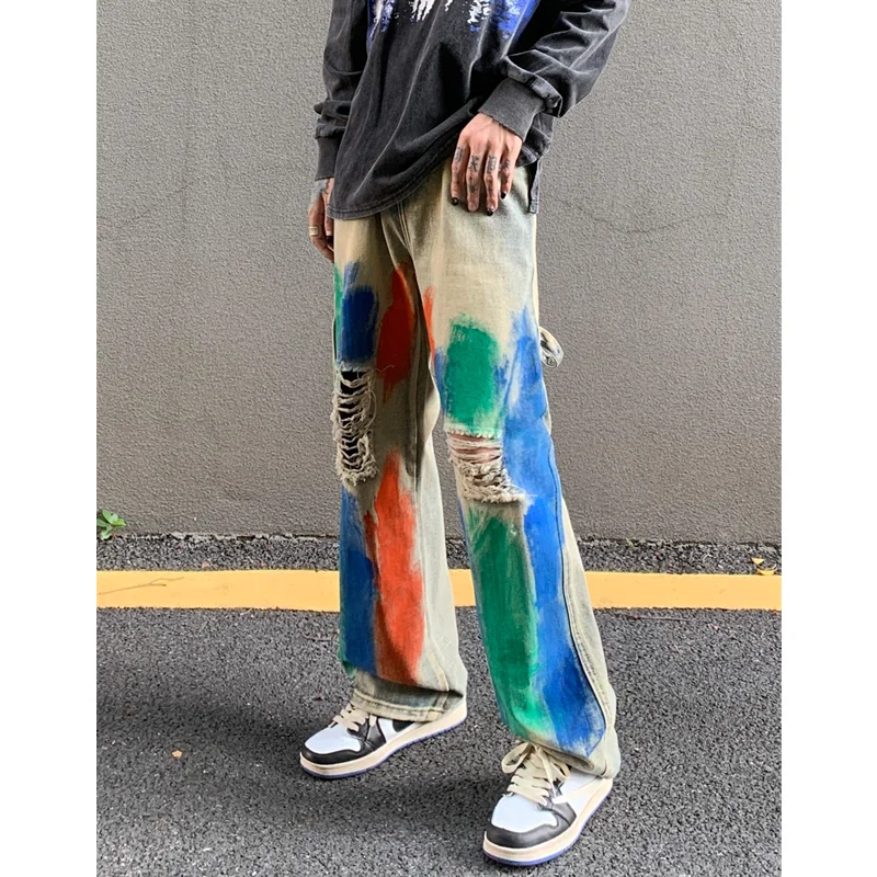 Men's Wear 2022 Vintage Casual Ripped  Jeans Yellow Mud Dyed Broad Leg Pants High Street Loose Straight Trousers Autumn Women