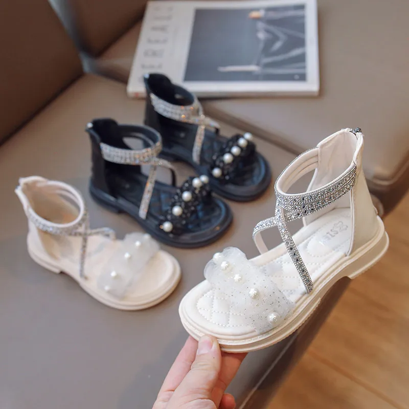 

5-9y Children Fashion Sandals Girls Summer Shoes Flats Toddlers Sandalias Pearl and Lace Kids Beach Shoes