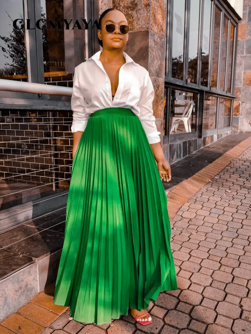 

CM.YAYA Vintage Women Pleated High Waist Loose Big Swing Floor Length Maxi Long Skirt INS Streetwear Fashion Skirts