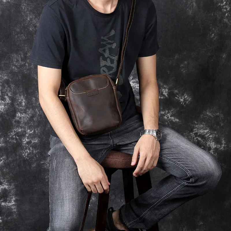 Retro fashion crazy horse cowhide men's coffee color mobile phone bag daily outdoor work weekend youth shoulder messenger bag
