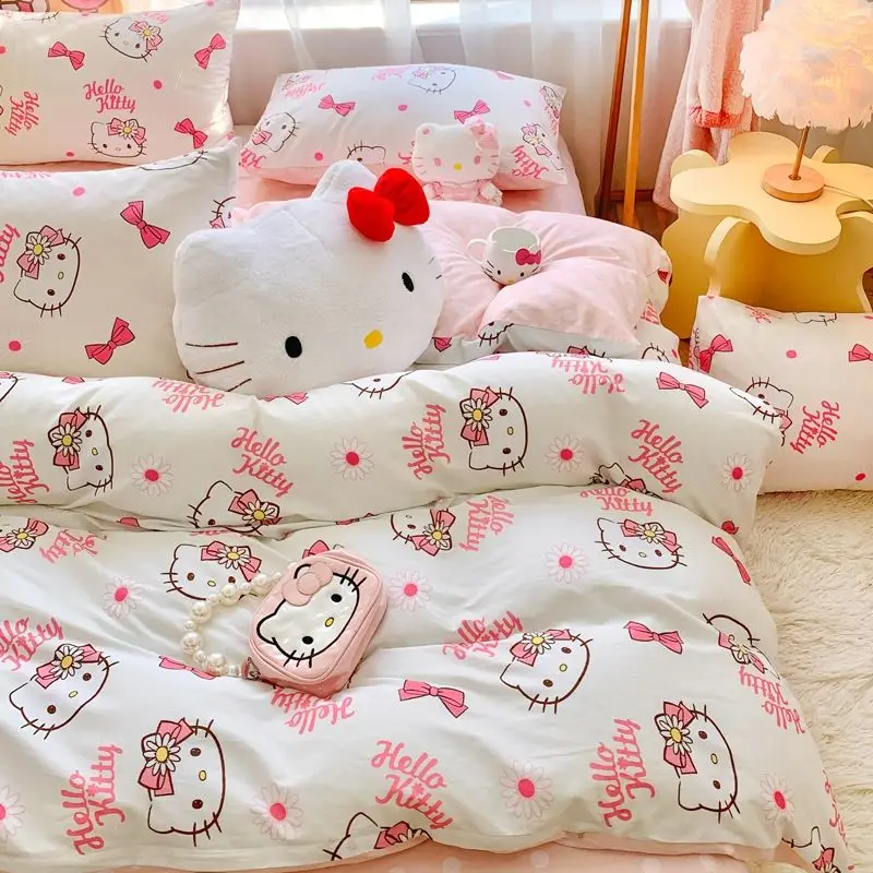 Sanrio cotton bed cute four-piece set hellokitty quilt cover sheet children's cartoon anime girl double three-piece home textile