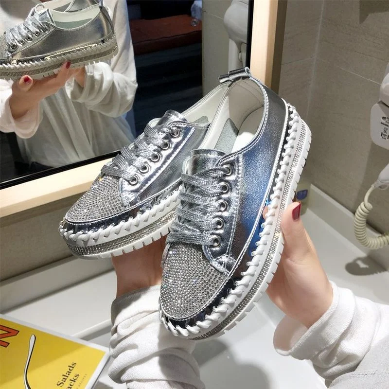 Comemore Spring Fashion Bling Lace Up Ladies Casual Comfortable Round Toe Platform Sneakers White Shoes Women Crystal Shoe 2023
