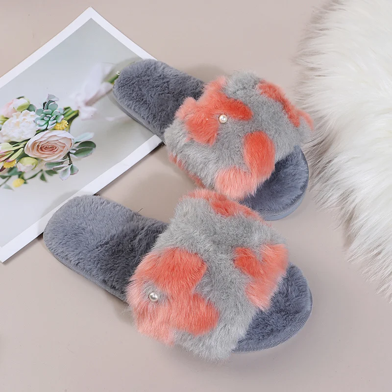 

New Hairy Crystal Encrusted Diamond Flat Bottom Slippers Female Fashion High Low Hair A Word Opening Cotton Slippers