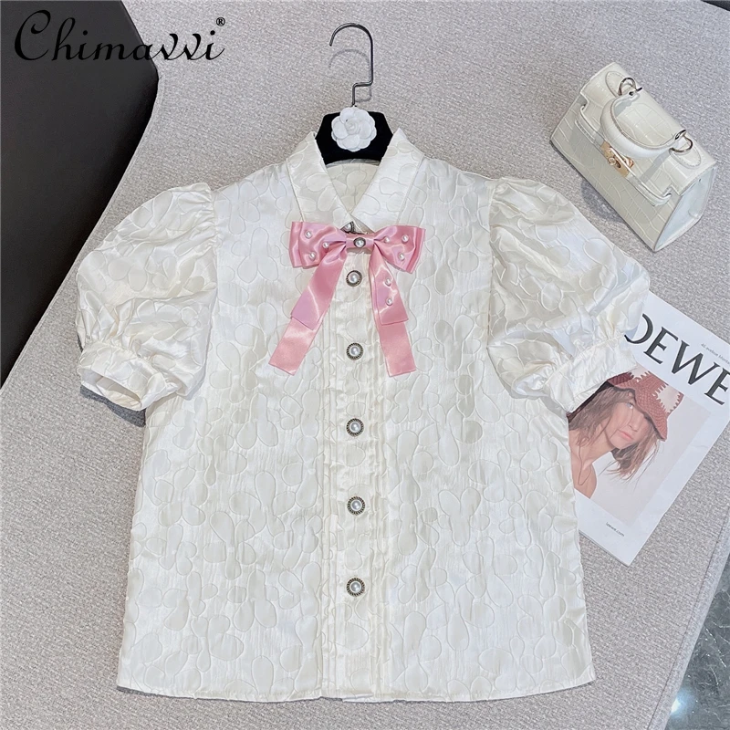 

2022 Summer Clothes New Retro French Satin Dark Jacquard Sweet Bowknot Shirt Fashion Bubble Short Sleeve Blouse Women's Top