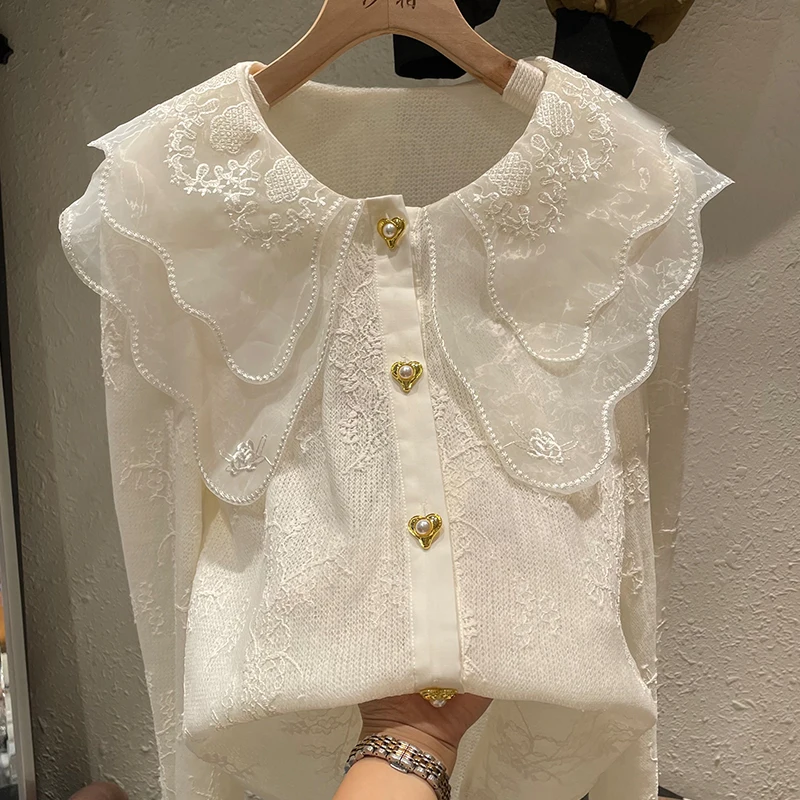 

Женская блузка с длинным рукавом, однобортная кружевная блузка с вышивкой и кукольным воротником, Европейская станция, Новинка осени 2023