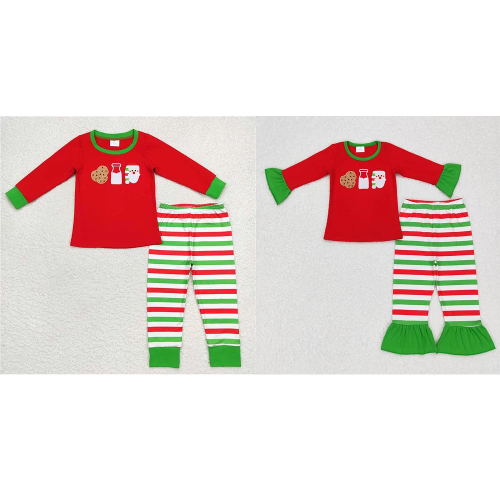 

wholesale hot sale baby boys girls pajamas Embroidered cookie Milk Santa lace Red, green and white striped long sleeve pantsuit