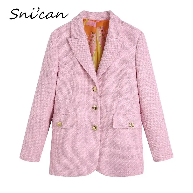

Solid Pink Woolen Tweed Jacket Coat Single Breasted Pockets Casual Office Ladies Outwear With Lining Abrigo Mujer 2022 Tops New