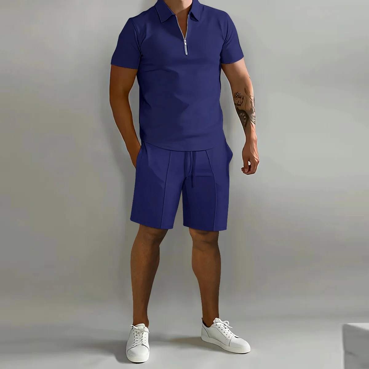 2023 Men's summer solid color sports Polo shirt set casual street wear Breathable top + shorts Home office 2-piece suit S-3XL