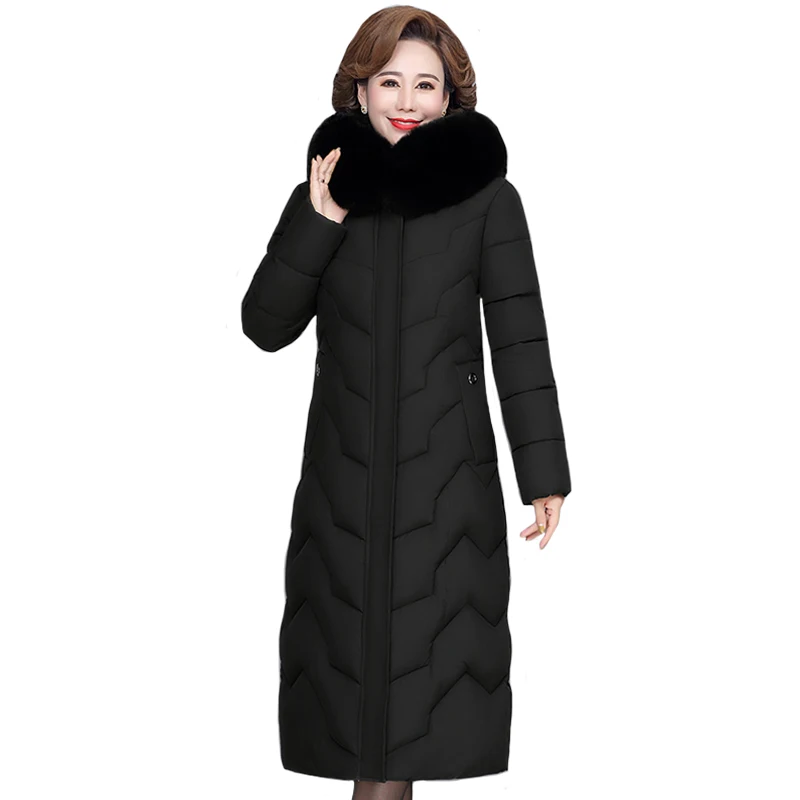 2022 New Winter Middle-aged Women Long Jacket Hooded Thick Warm Fur Collar Cotton Padded Coat Women's Winter Parka Overcoat