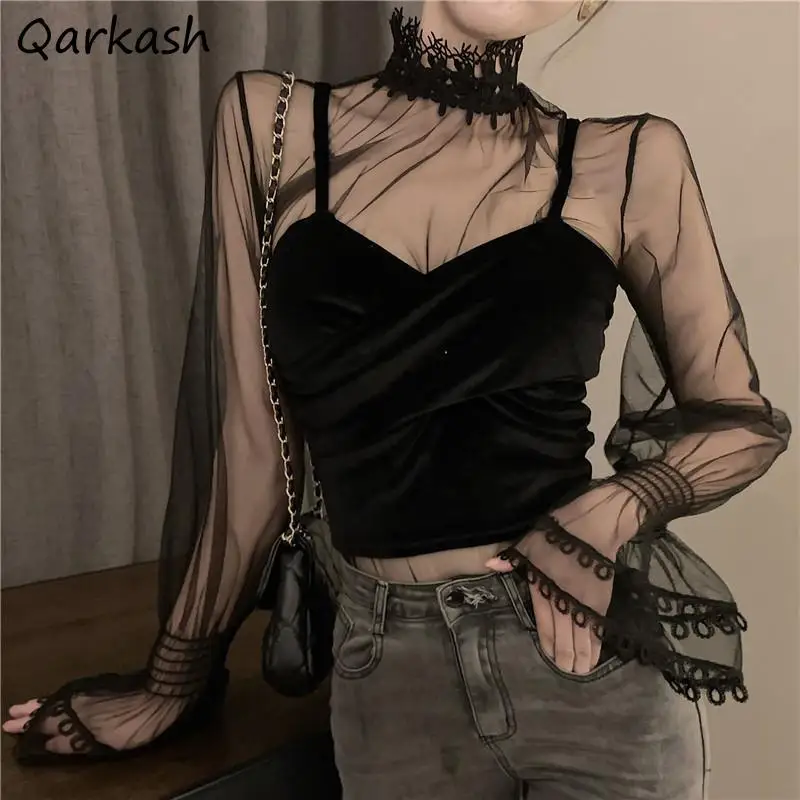 

Blouses Women Flare Sleeve Sexy Korean Club Thin Inside Summer Daily Slim Solid Mujer Blusas Sheer Temperament Ins Style Charm