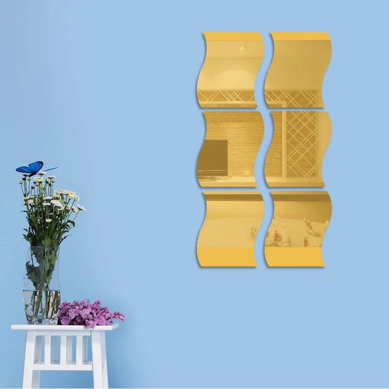 

Six piece wave combination mirror three-dimensional wall sticker mirror wall sticker wall decoration room decoration