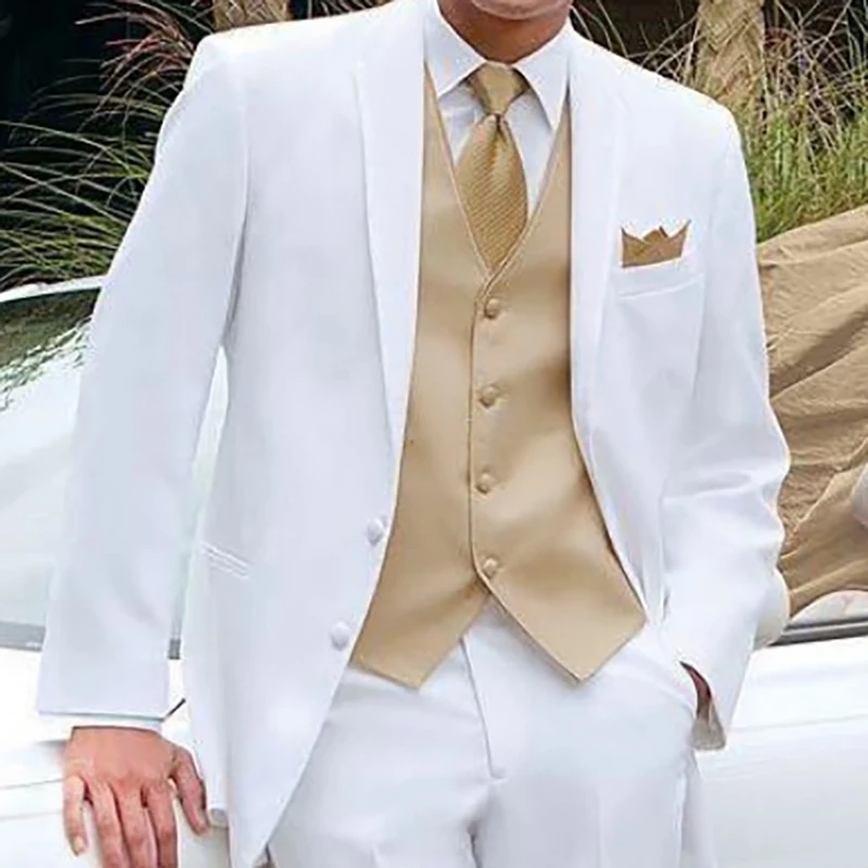 

Костюмы для мужчин, белый блейзер, Свадебные брюки, жилет, элегантные модные повседневные Костюмы для выпускного, Блейзер, облегающий костюм Terno