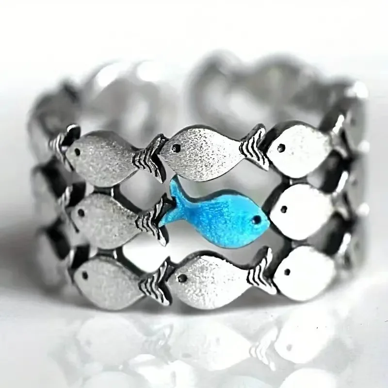 Artistic Retro Little Goldfish Layered Ring Adjustable Cute Fish Open Two Tone Ocean Animal Jewelry Gift for Women Men