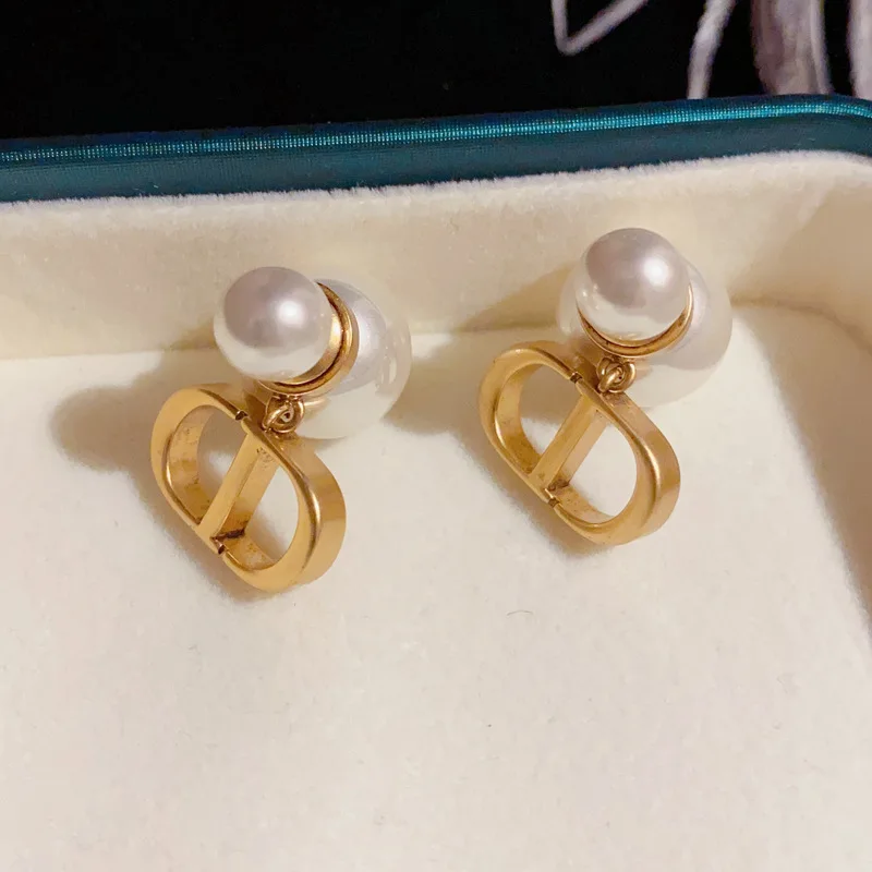 

New 14K Gold Plating Letter D Pearl Stud Earrings For Women Girls Fashion 2 Ways To Wear Designer Earring Wedding Jewelry Gift