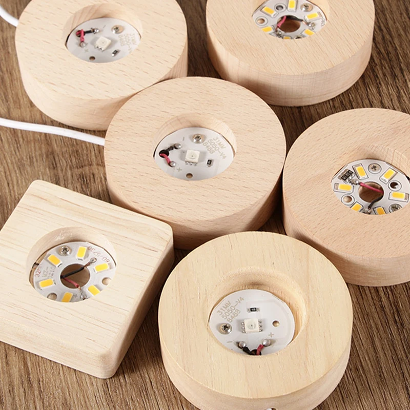 

Fashion Round Solid Wood Luminous Base Wooden LED Lamp Holder White Warm Light Rechargeable Lamp Stand Home Art Craft Ornament