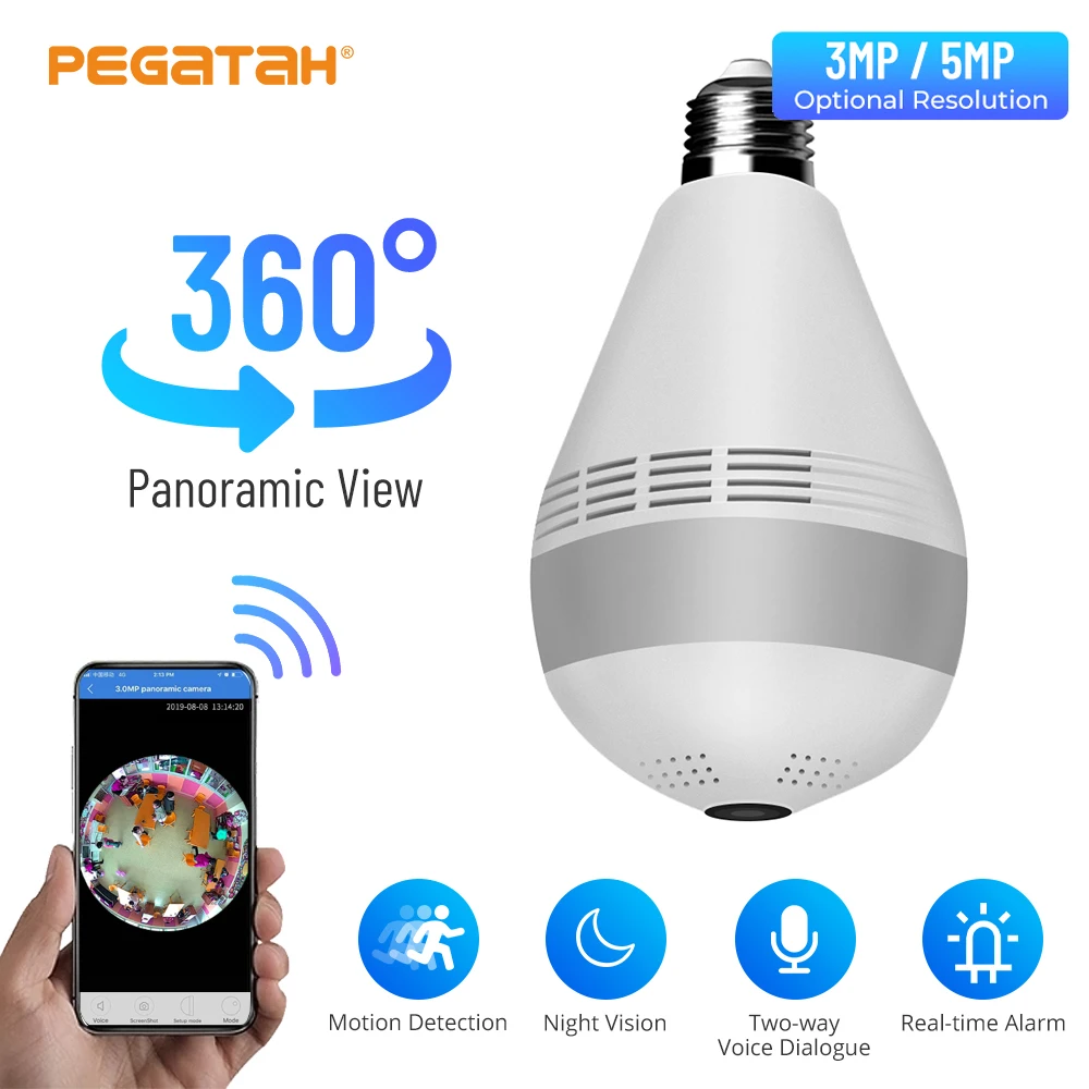 

PEGATAH 3/5MP WIFI панорамная камера 360 светодиодсветильник панорамная домашняя камера видеонаблюдения WiFi рыбий глаз лампа фотокамера