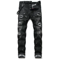 new men skinny jeans holes patch elastic paint splash black stitching beggar pants streetwear men fashion full length trousers