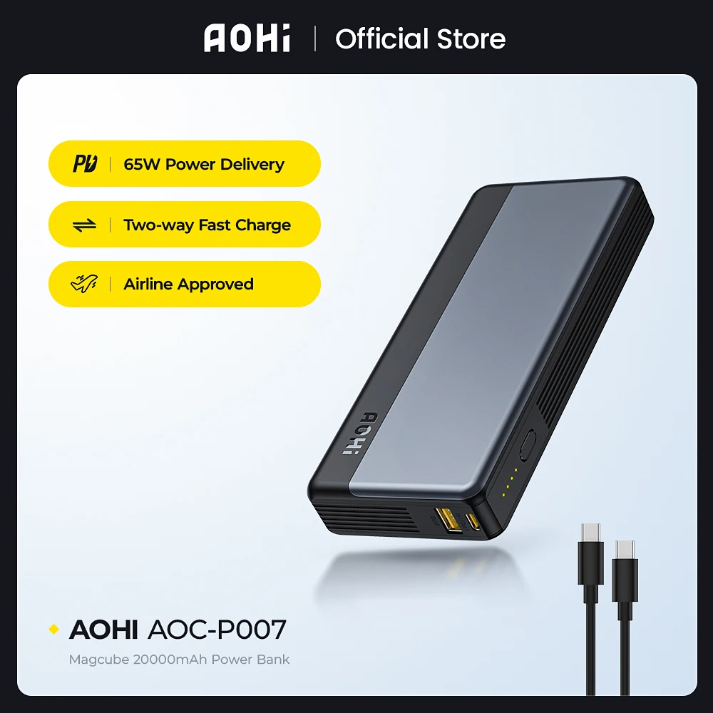 

AOHI Power Bank 20000mAh Fast Charging 65W PD Portable Charger External Battery for Macbook Laptop iPhone 13 Pro Max Powerbank