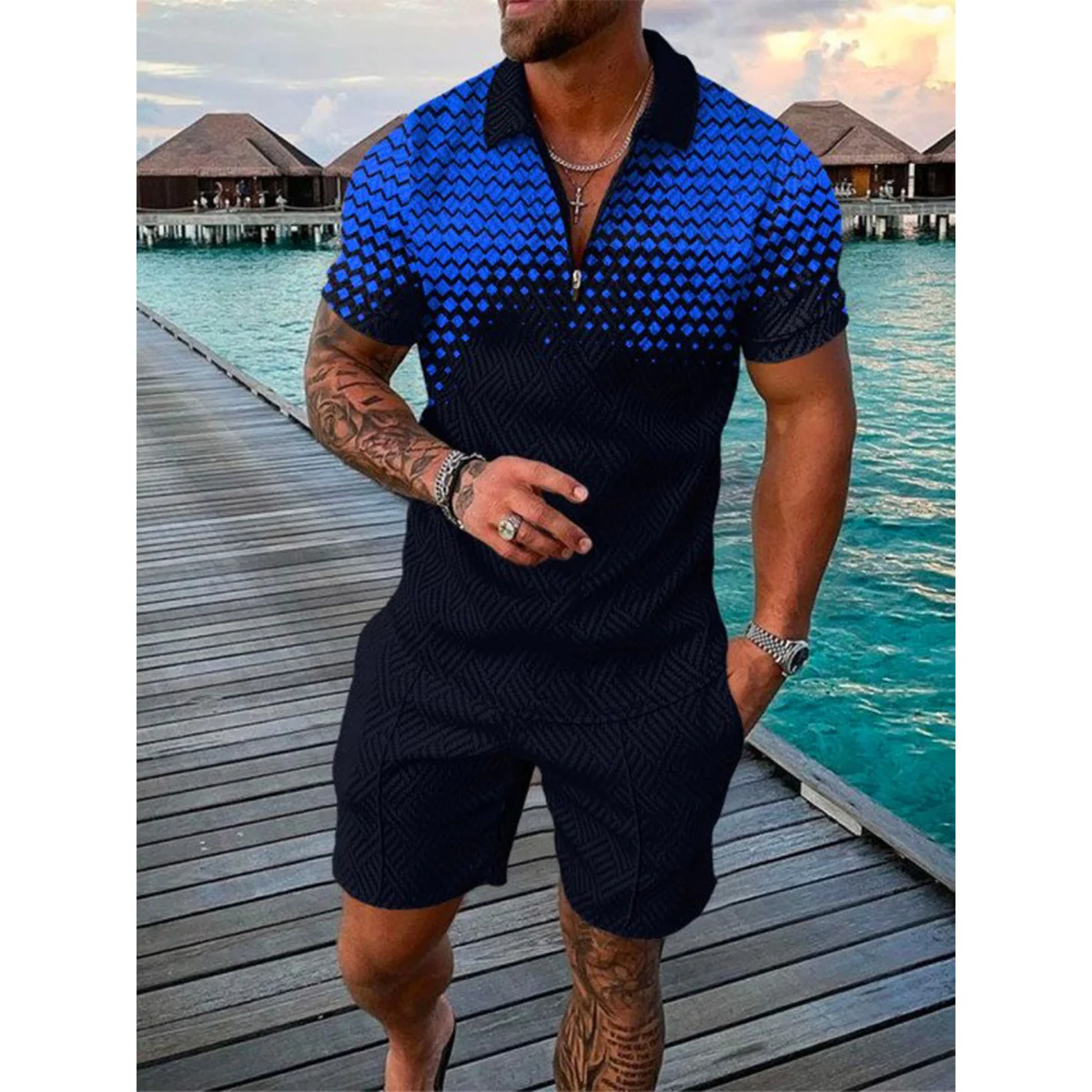 

Summer Print Short Sleeve Polo Shirt Susports Suit for Men Brand Running Fitness Casual Shorts Set Harajuku Beach Men Clothing