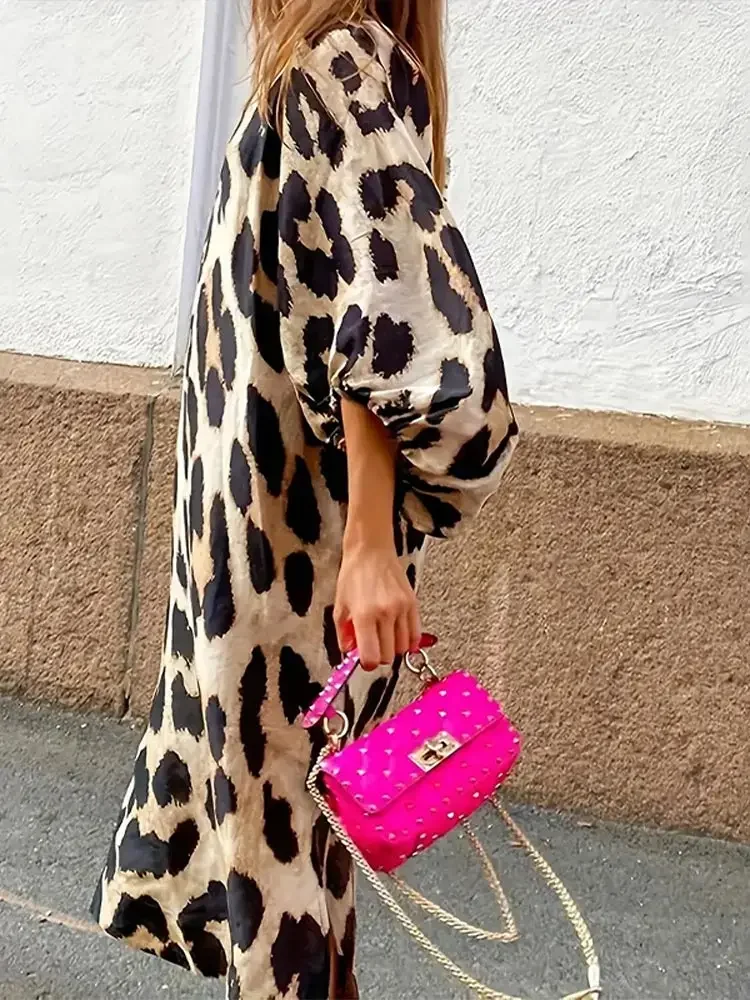 Женское платье-миди с леопардовым принтом свободное весеннее шикарное платье