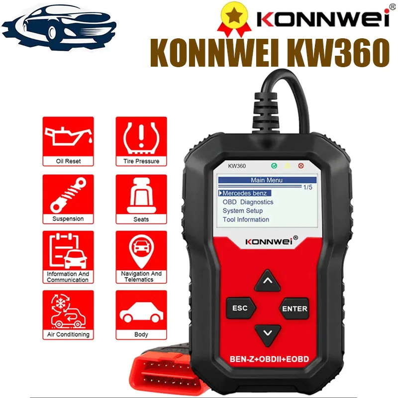 Автомобильный сканер KONNWEI KW360 Obd2, автомобильный диагностический сканер Obd 2 для полноценных систем Mercedes-Benz, диагностический инструмент W212, ABS, подушка безопасности, сброс масла