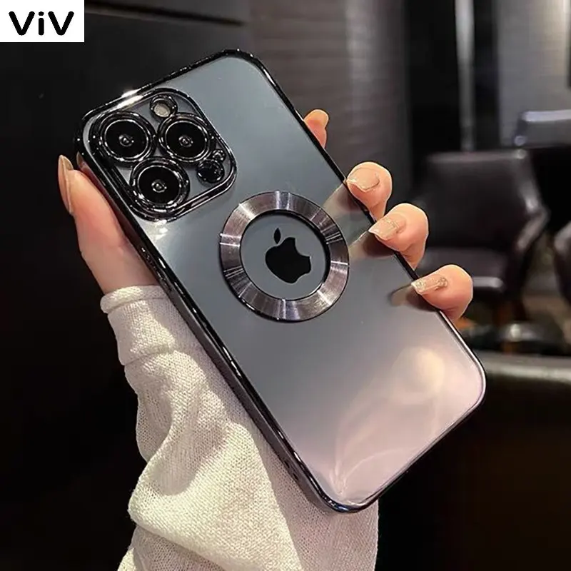 

Luxury Plating Charm Logo Hole Hollow Case For iPhone 14 13 11 12 Pro XR X XS Max 7 8 Plus SE3 Soft Transparent Shockproof Cover