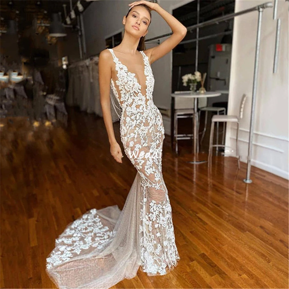 

Scoop Neck Mermaid Wedding Dress Lace Appliques Amazing Sexy Lower Back Slim Fitted Trumpet Ladies Bridal Gowns Custom 2021