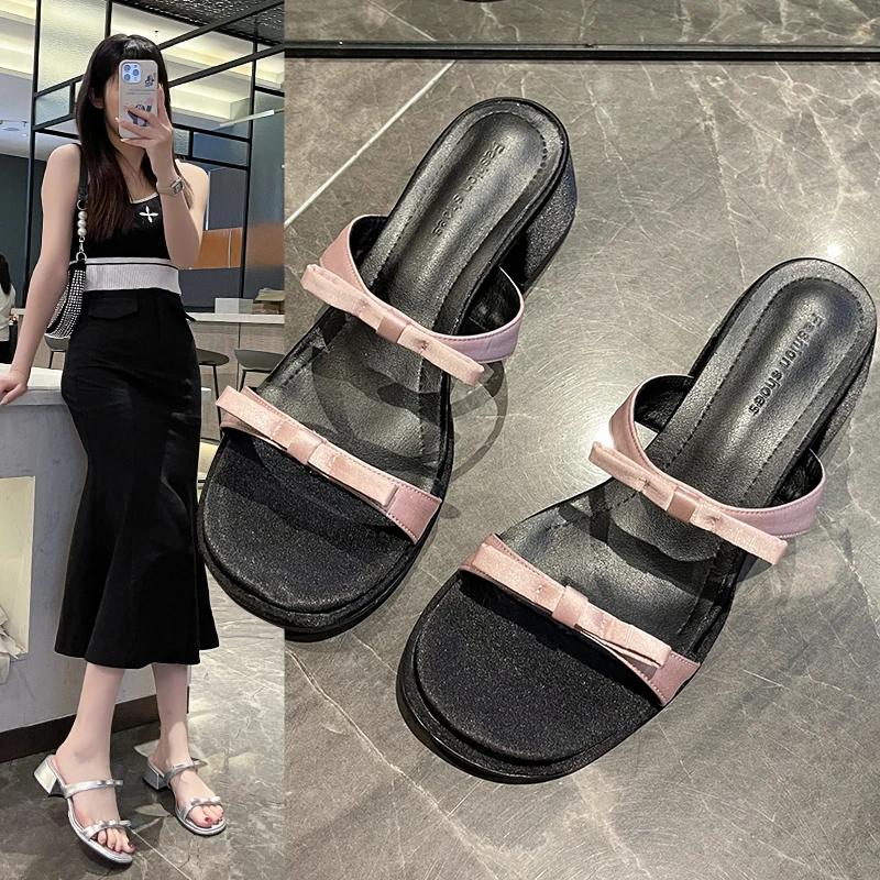 

2023 Summer Open Toe Women Slipper Fashion Butterfly-knot Ladies Shoes Square High Heel Dress Sandal Outdoor Slides