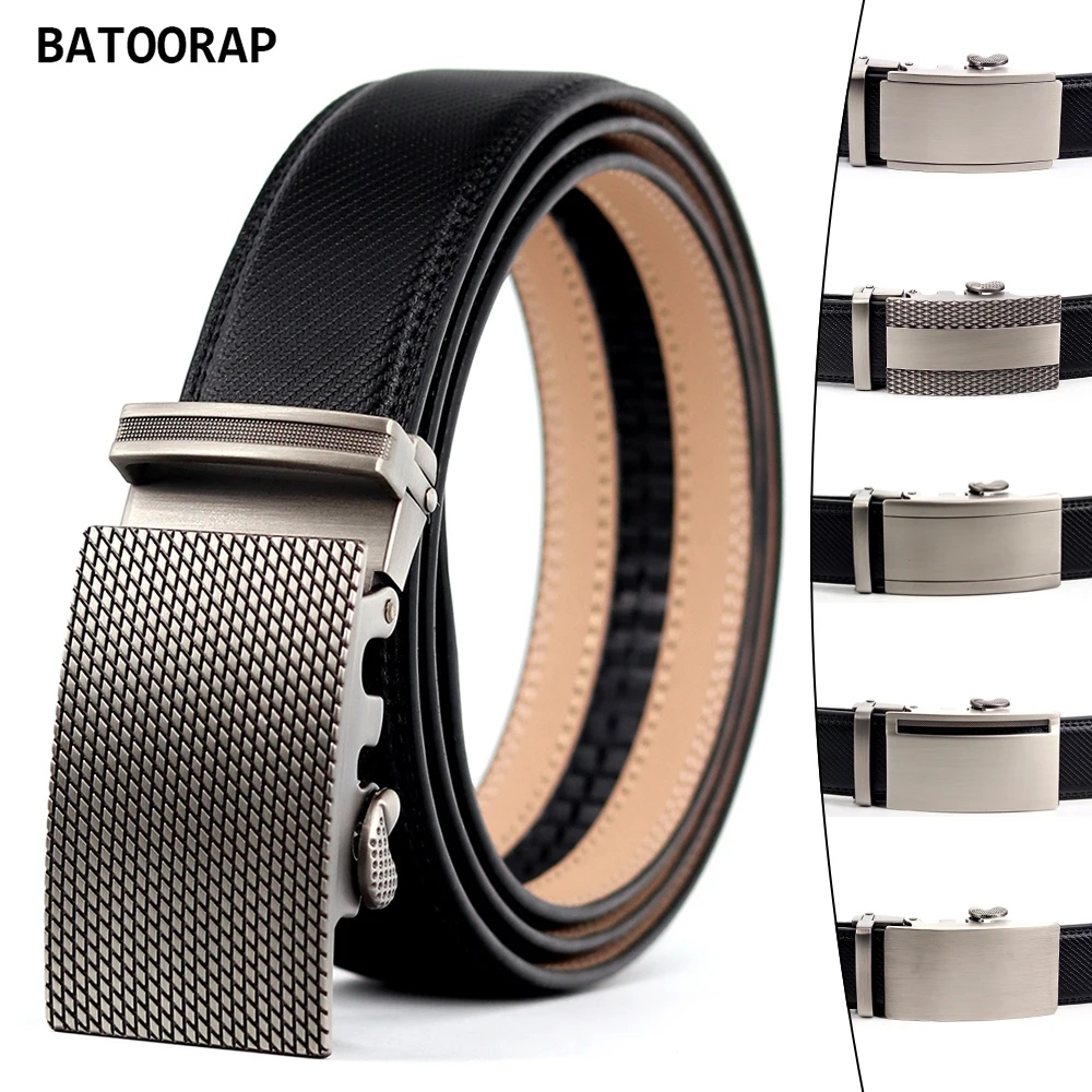 BATOORAP Leather Belt For Men Alloy Auto Gray Series Buckle Black Cowhide Jean Wasit Strap Male Classic High Quality Ratchet