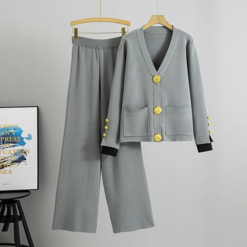 Фото Fall Winter Warm Soft Knitted 2 Piece Sets Casual V-neck Cardigan Sweater Coats Tops Conjunto Elegant Wide Leg Pants Ensembles №4