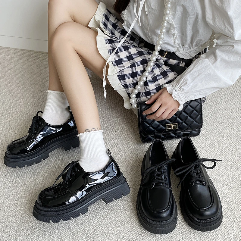 

Women's Shoes Platform British Style Female Footwear Oxfords Clogs New Preppy Cross Dress Leather Basic Rubber Mary Janes Fabric