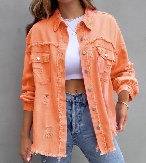 

Women's Jacket Denim Coat Autumn Winter Coat 2023 Solid Polo Collar Raw Hem Pocket Design Long Sleeve Denim Coat streetwear