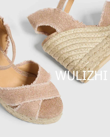 Light Pink Patchwork Wedge Espadarille Women Woven Open Slingback Sandals Elegant Casual Buckle Design Cotton Hollow Beach Shoe
