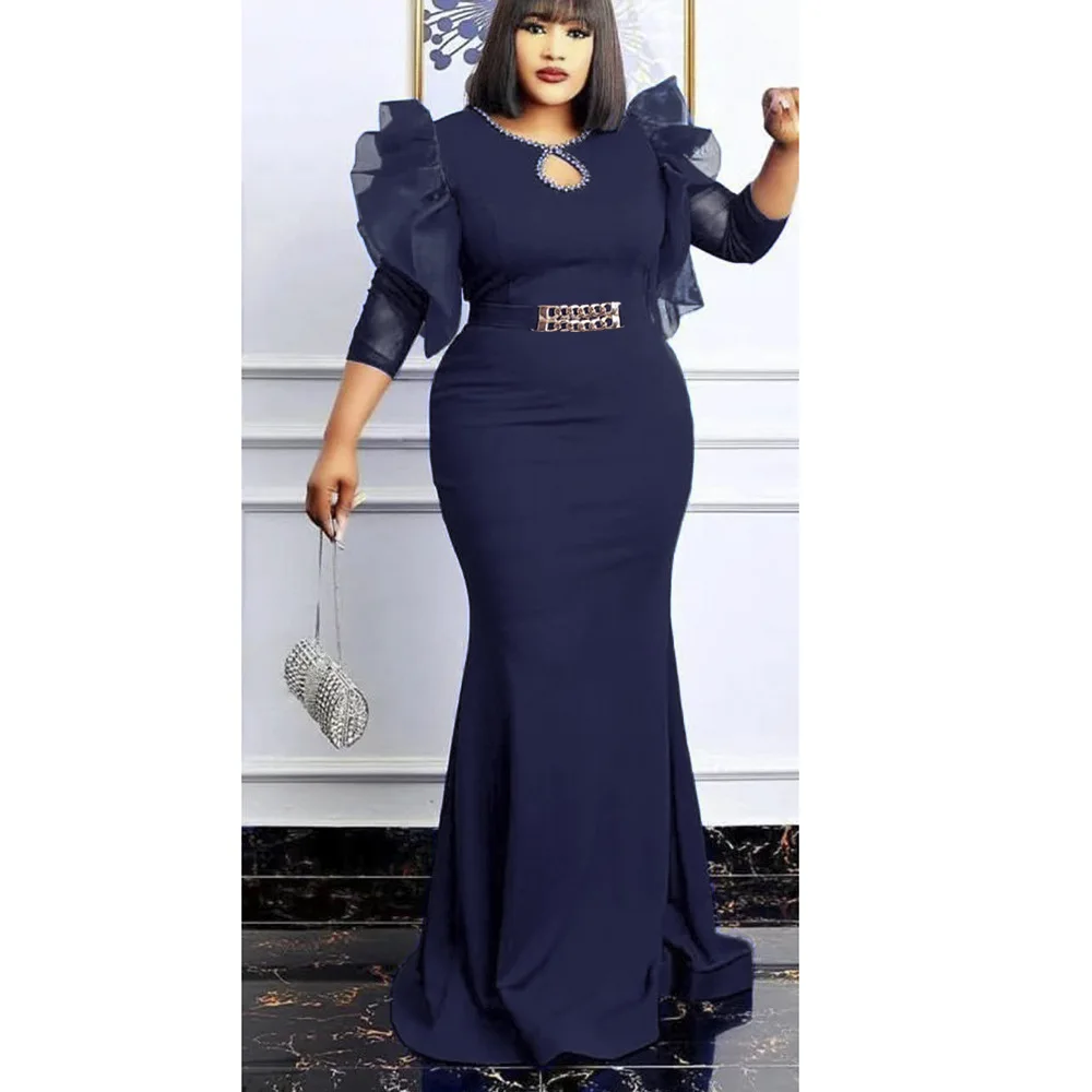 

African Dresses For Women Elegant Slim Wedding Party Evening Gown Ruffle Sleeve Bodycon Long Maxi Dress Nigerian Clothes Robe