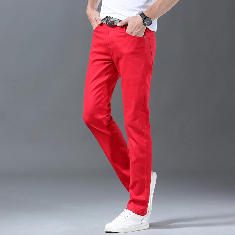 Джинсы мужские прямые эластичные повседневные штаны из денима белые красные
