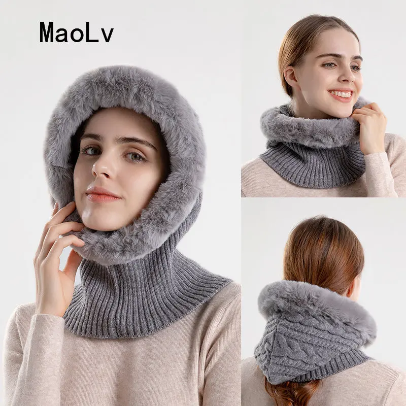 Winter Warm Hood Cap for Women Russia Outdoor Plush Twist Knitted Benines Female Soft Neck Ear Protection Balaclava Cap with Fur