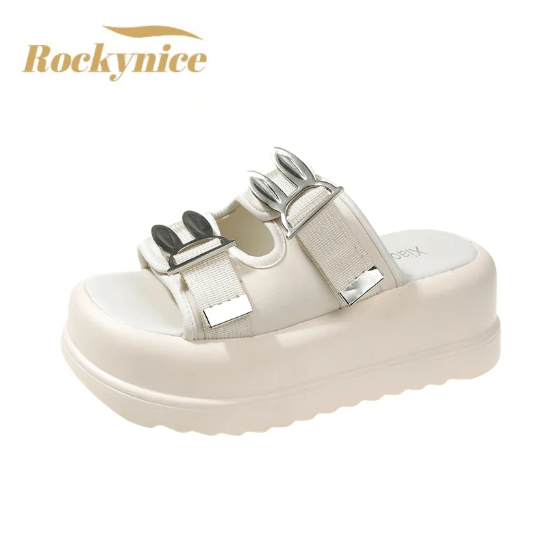 Summer Women Chunky Slippers Luxury Slip-on 6.5CM Wedge Flip Flops Outside High Platform Sandals White Beach Casual Slides Woman