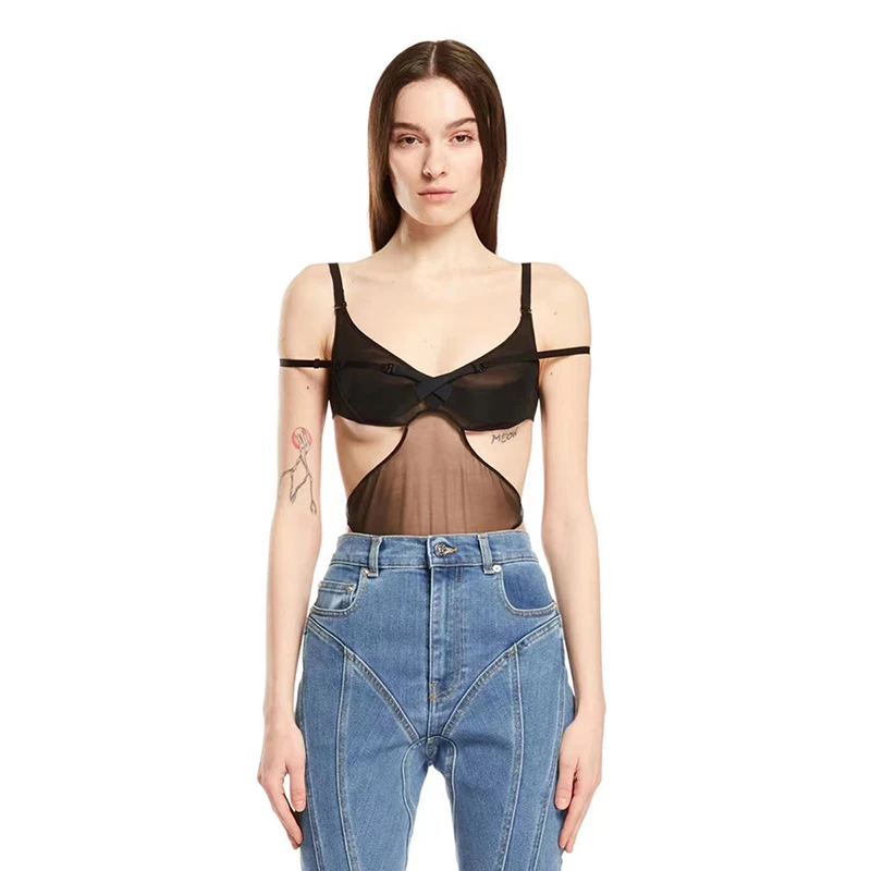 

2023 summer new y2k hollow mesh stitching with chest pad backless halter undershirt ladies tight bodysuit vacation swimsuit