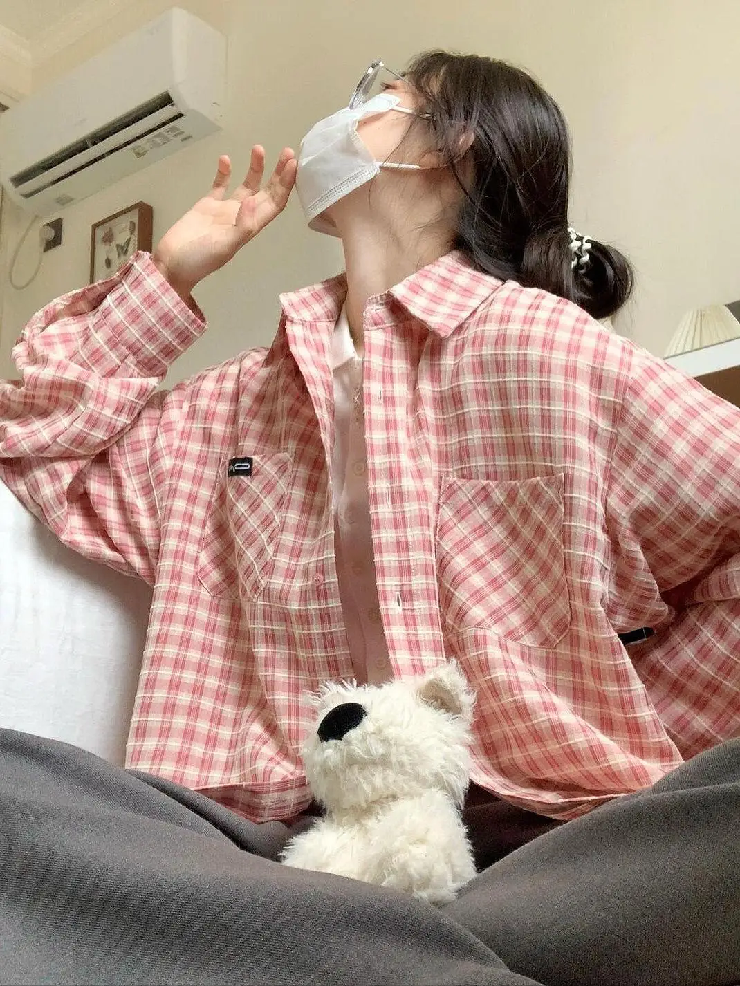 Mori look Light Luxury Pure Cotton Plaid Shirts Women Idle Sle Casual Mid-Length Meat Covering Shirt Sun Protection O...