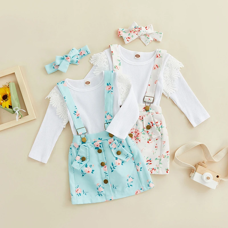 

Милый осенний комплект одежды для маленьких девочек, трикотажные боди с оборками и длинным рукавом + юбка на пуговицах и подтяжках с цветочн...