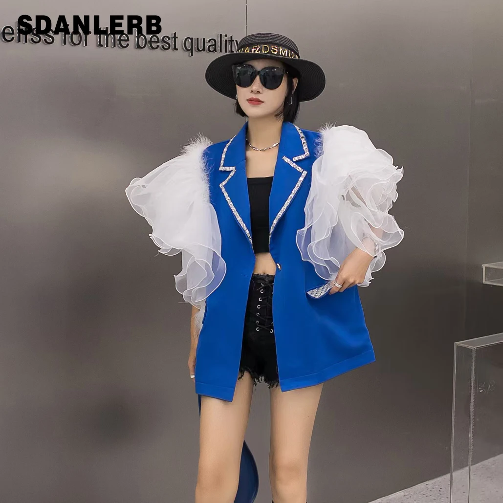 

European Station 2022 Spring and Autumn New Fashionable Rhinestone Ruffled Flying Sleeves Suit Jacket Women's Sleeveless Vest