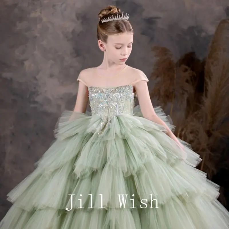 

Роскошное зеленое платье Jill Wish с цветами для девушек официальное бальное платье с бисером и блестками для дня рождения, свадебной вечеринки, шоу, дня награды J124