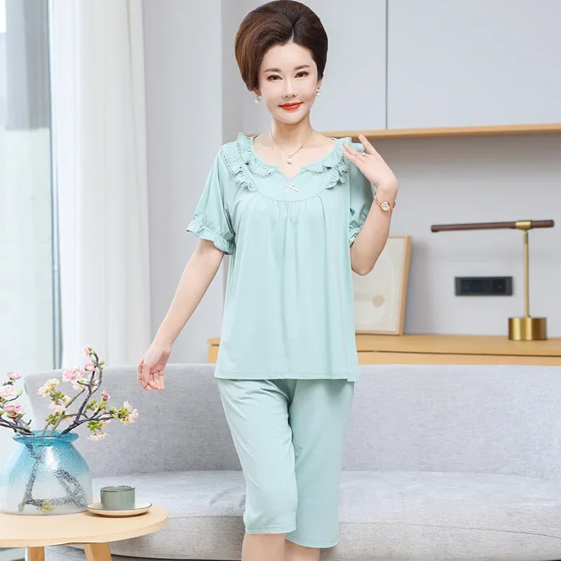 Летняя женская одежда для сна из модала с короткими рукавами брюки семью