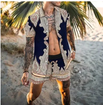 

Fashion Summer Men High Quality Hawaiian Sets Printing Two Short Sleeve Shirt Beach Shorts Streetwear Daily Mens 2 Piece Suit