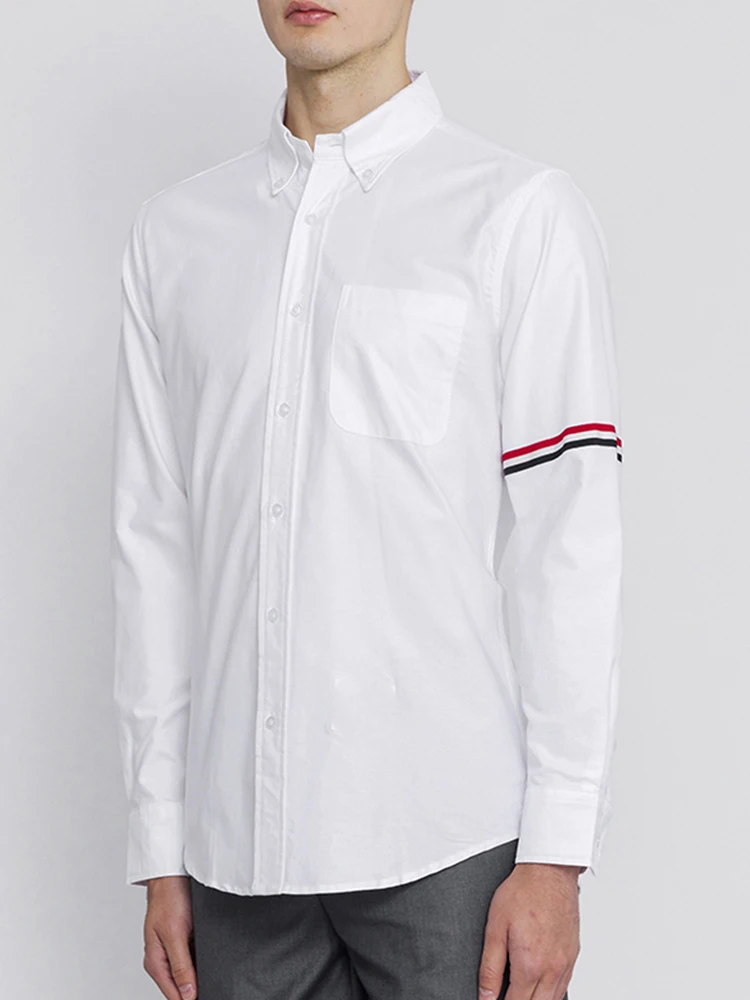 TB THOM Men's Shirt White Fashion Top Brand Striped Armband Casual Oxford Fine Cotton Long Sleeve High Quality Women's Shirts